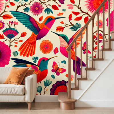 Peler et coller le papier peint mural, broderie Otomi mexicain sans soudure, coloré, traditionnel mexicain, art mural auto-adhésif et amovible