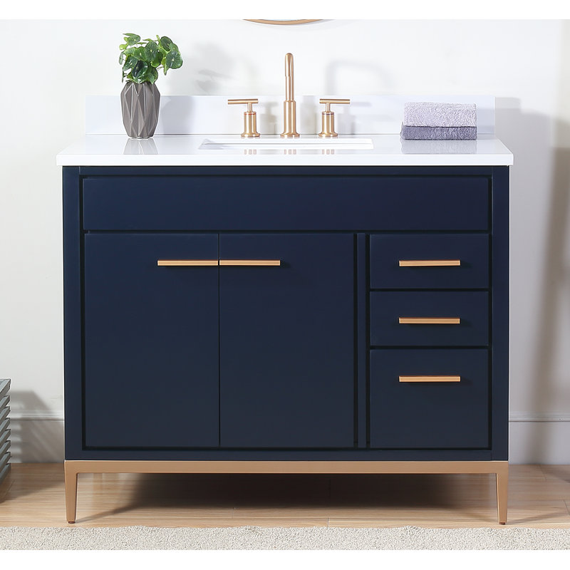 Danford 42'' Single Bathroom Vanity with Quartz Top, Navy Blue