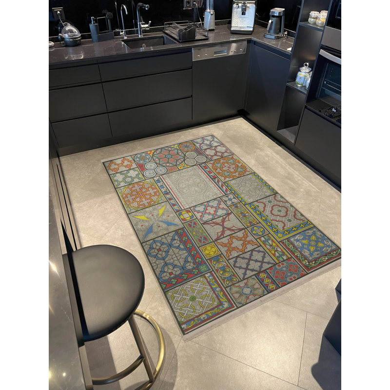 Tapis décoratif rétro multicolore à motifs gris, Tapis de couloir 3 pi 3,37 po x 9 pi 10,11 po