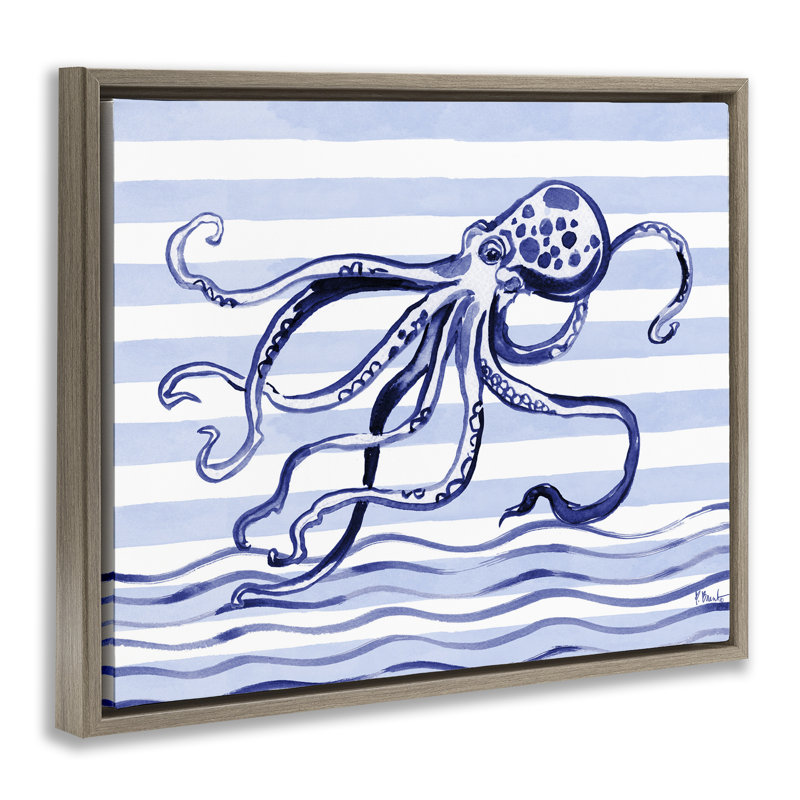 Cadre flottant Indigo Brushstroke Octopus, design par Paul Brent, Cadre flottant orme Montalcino, H 25 po x l 31 po