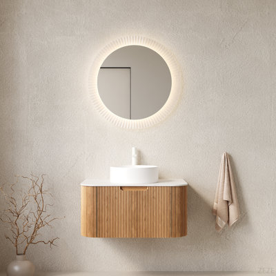 Meuble-lavabo de salle de bain 30 po Dina, armoire de rangement de salle de bain rayée à bords arrondis flottants avec tiroir, lavabo rond en céramique blanche et plateau en pierre frittée blanche de Carrare, pré-assemblé