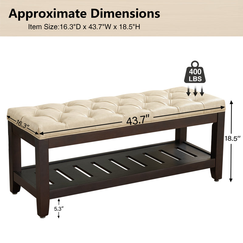 44" Wide Tufted Rectangle Cocktail Ottoman With Storage Tray, Beige Faux Leather