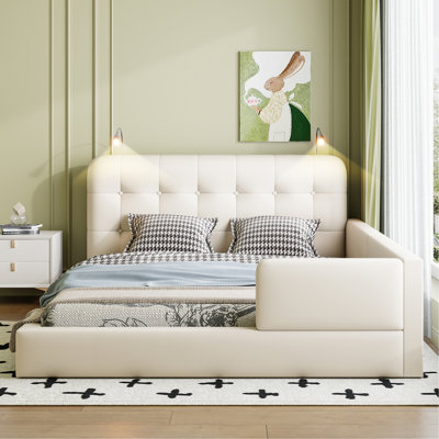 Grand lit plateforme tapissier avec 2 lampes de lecture, blanc