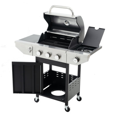 Stainless Steel 3 Barbecue Grill With Side Burner - 37000 , Outdoor Cooking, Patio, Garden, Black & Silver Burner, Bbq For Patio And