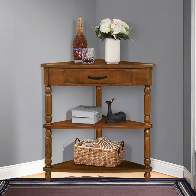 33.8'' Small Triangle Corner Table, Wood Corner Side Table For Small Spaces/ Living Room, 3 Tier End Corner Table With Solid Wood Legs