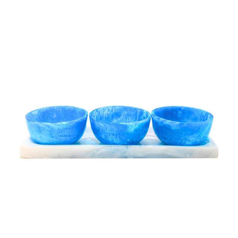 Plateau de service et bols en résine Lucente, Bleu; blanc