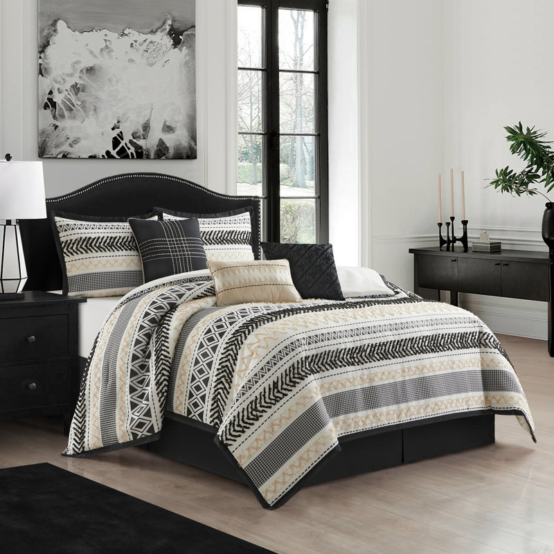 Ivanna 7 Piece Geometric Comforter Set, Black/Gold, Queen Comforter + 6 Additional Pieces