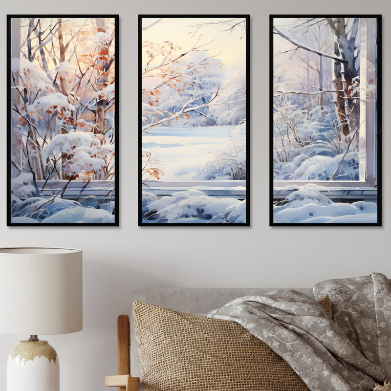 «Winter River Window View III - Winter Landscape», art mural, H 28 po x l 36 po x P 1 po, Cadre flottant noir