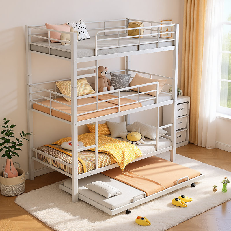 Metal Twin Triple Bunk Bed with Trundle, Heavy-Duty Steel Frame, Safety Guardrails & Dual Ladders, Space-Saving Modern Design