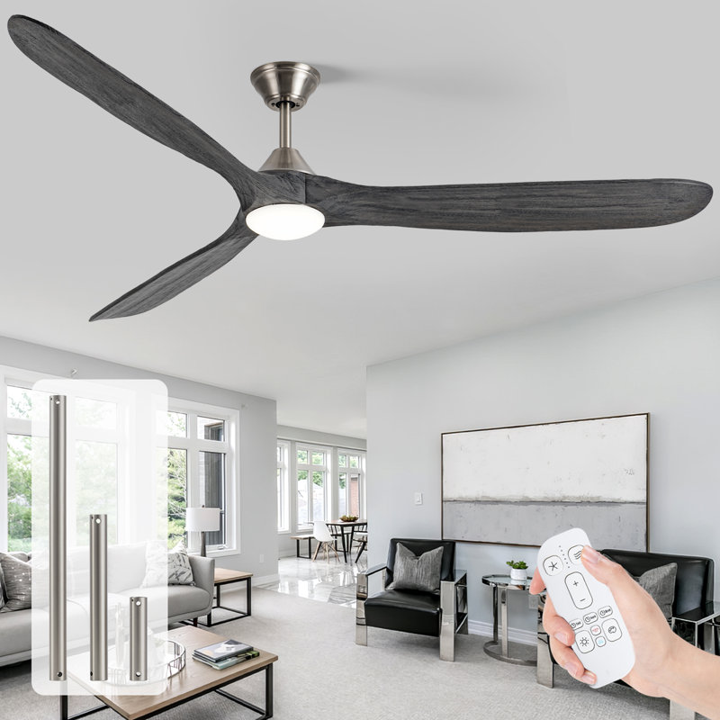 Ventilateur de plafond en bois massif à 3 pales avec lumière et télécommande, 70 po de largeur, Gris foncé