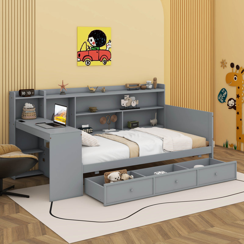 Lit de jour en bois avec tiroirs, ports USB et bureau, Lit simple, Gris