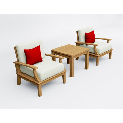 Ensemble de chaises longues en bois de teck 3 pièces Teakstation: 2 chaises longues et table d'appoint carrée avec coussins en tissu Sunbrella extérieur # 5404 naturel