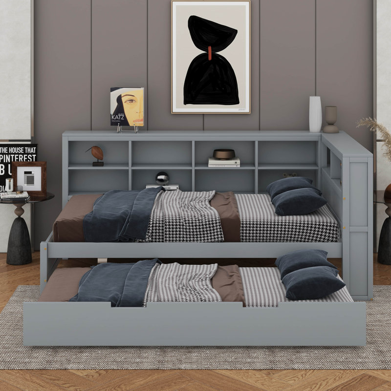 Lit de jour simple en bois avec tablette de rangement, lit gigogne et ports de chargement USB, Gris