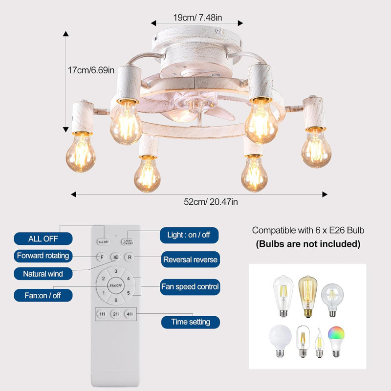 Ceiling Fans With Lights And Remote, 20 Inch Low Profile Flush Mount Ceiling Fan With Light, Farmhouse Rustic Industrial Fan Lights Ceiling Fixtures For Bedroom,Kitchen(6 Speed,Timing)