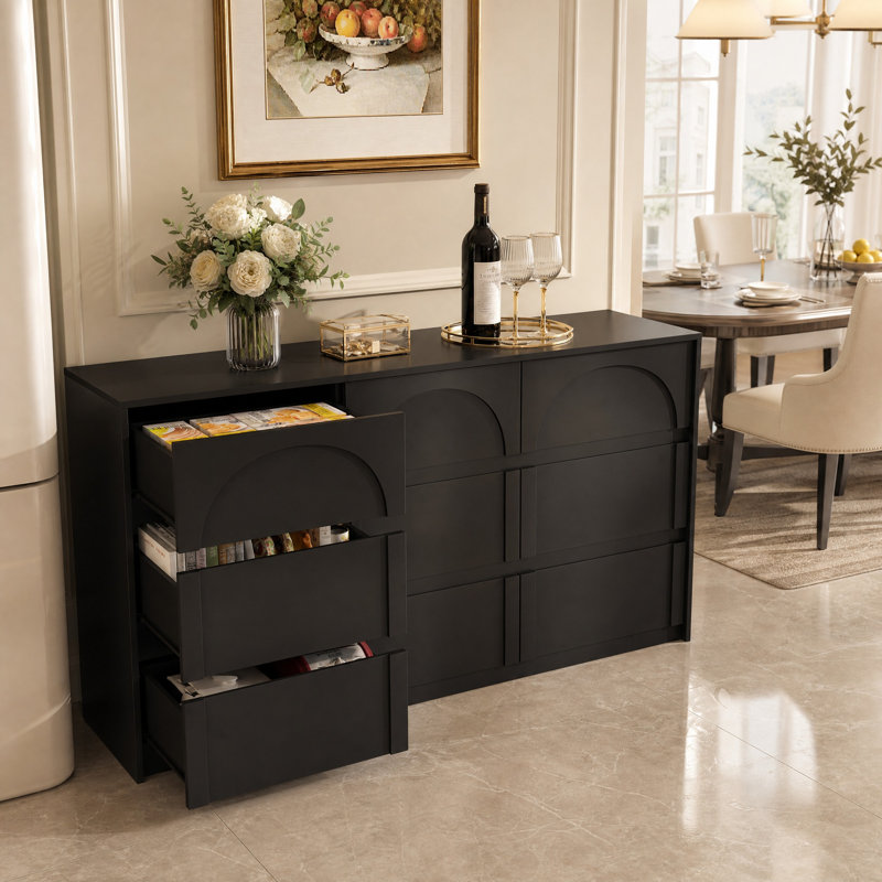 63" W 9-Drawer Sideboard with Metal Slides & Decorative Scalloped Design, Black