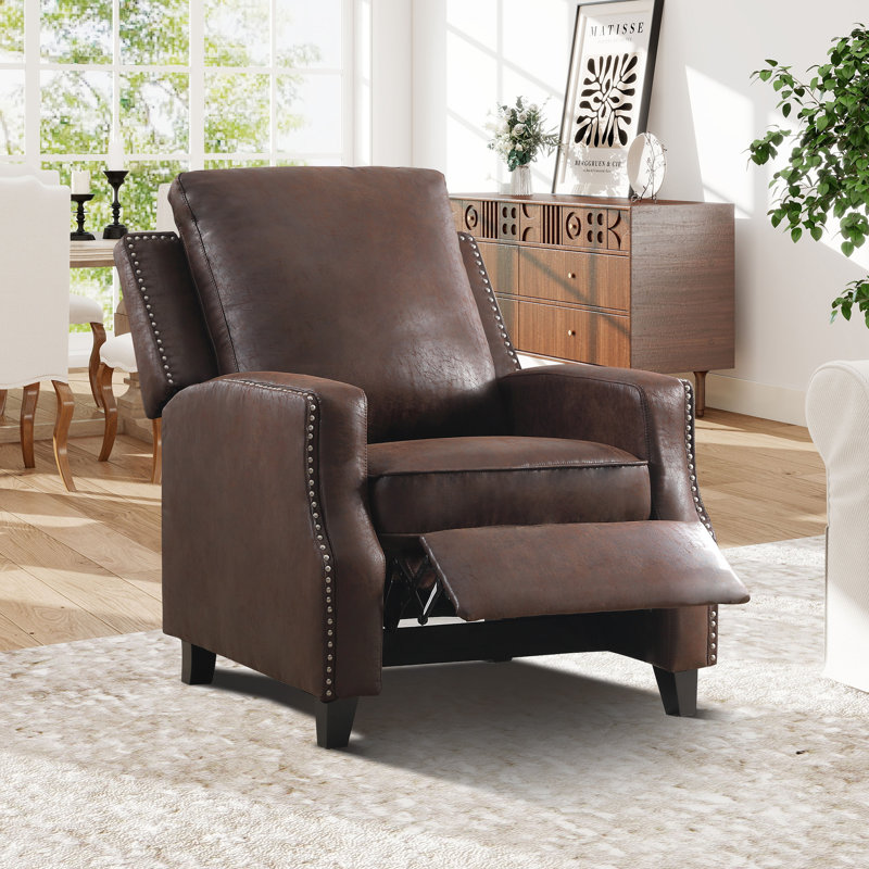 31.1''  Wide Classic and Overstuffed Soft Faux Leather Push Back Recliner with Nailhead Trims, Reddish Brown Faux Leather