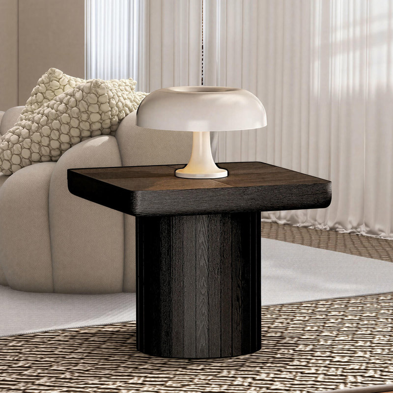 23.6" Square Coffee Table with Parquet Top & Cylindrical Base