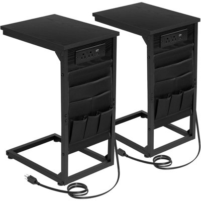 Ensemble de 2 tables d'appoint en forme de C avec station de charge, tables de chevet modernes avec prises électriques et ports USB, plateaux télé pour salon, chambre et canapé