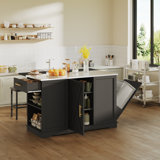  Rolling Kitchen Island Set With Trash Can, Stainless Steel Countertop, Drop Leaf, 2 Bar Stools