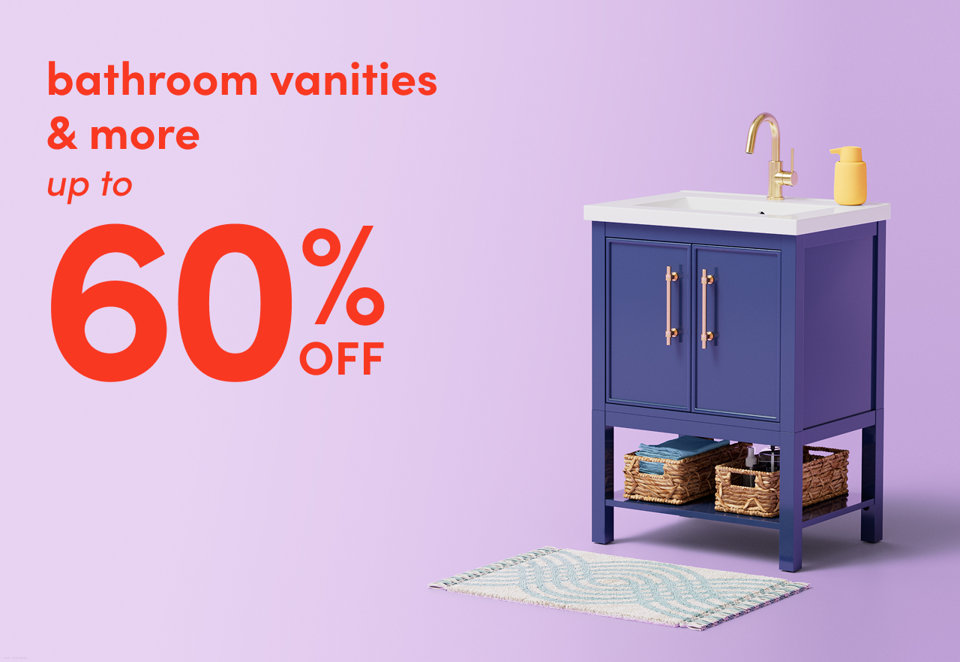 Bathroom vanities and more up to 60% off featuring a blue vanity with gold hardware on a light purple background.