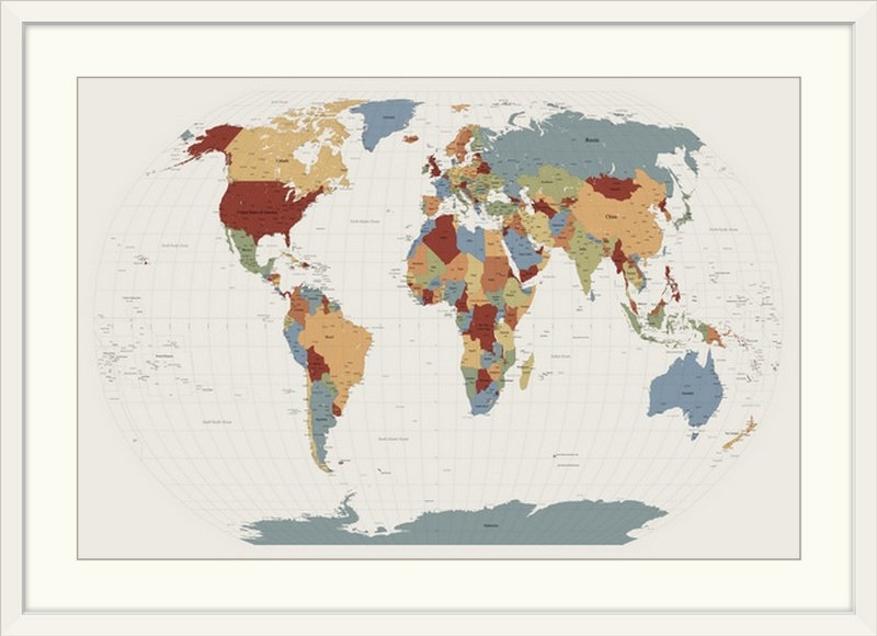 «World Map» par Bellen, impression, H 28 po x l 38 po x P 1 po, Cadre blanc