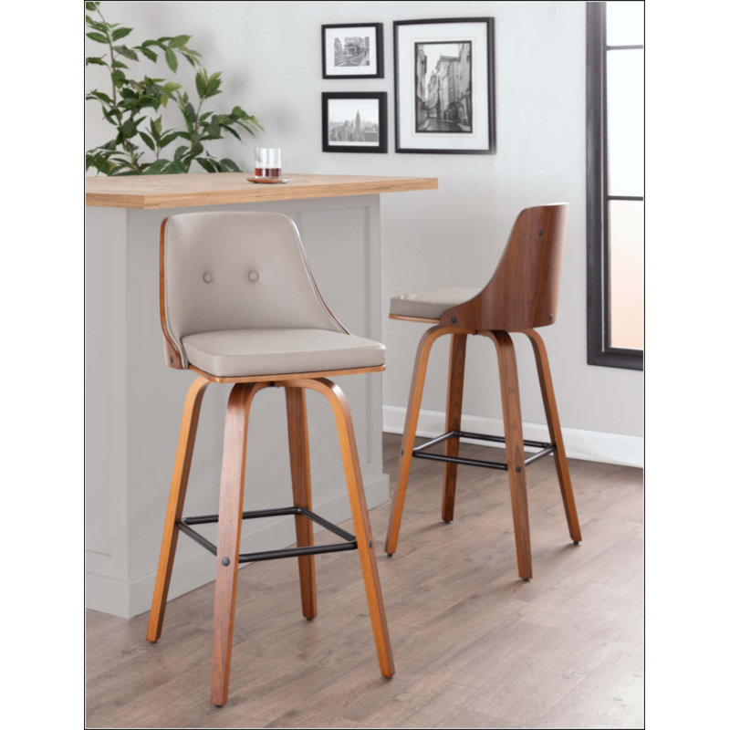 Tabouret de bar à hauteur fixe avec pivot en bois et similicuir avec repose-pieds carré en métal - ensemble de 2