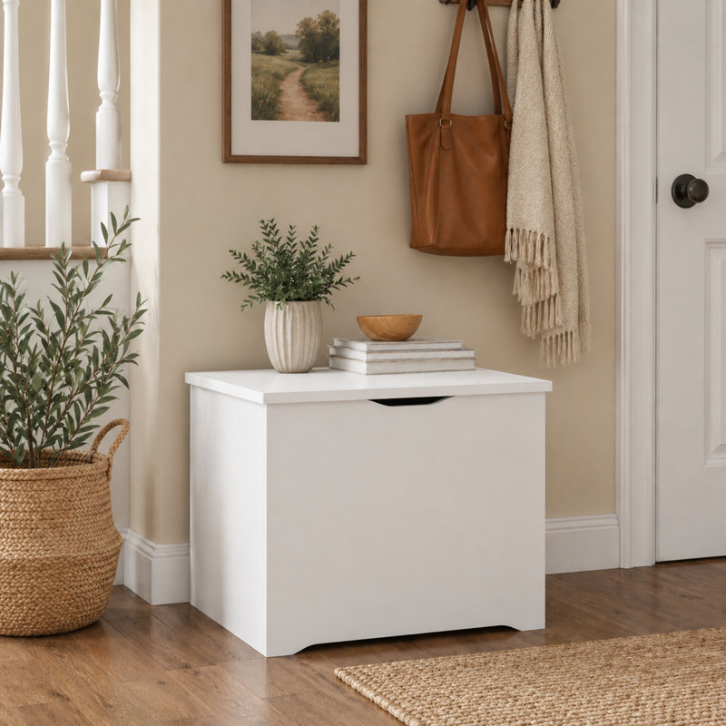 Coffret de rangement, banc de rangement avec couvercle à fermeture douce et sécurisée, boîte de rangement, 15,6 x 23,6 x 18 cm, pour salon, chambre, entrée, blanc