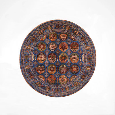 Original Hand Knotted Traditional Pattern Blue Wool and Cotton Rug