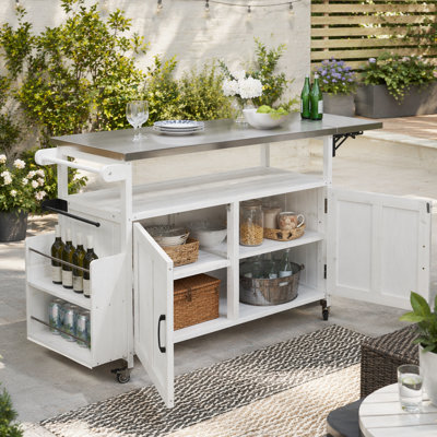 Foldable Outdoor Kitchen Island with Lockable Wheels and Storage