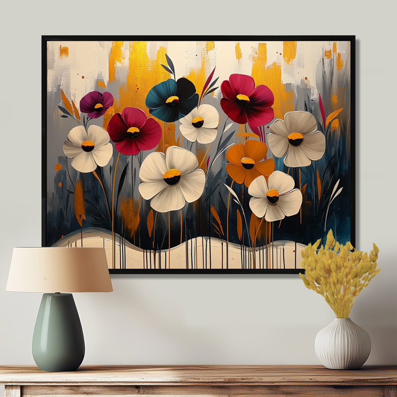 Art floral rouge et bleuet, H 12 po x l 20 po, Picture Framed, Noir