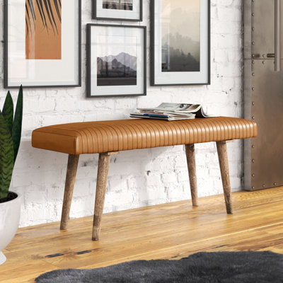 Mango Wood and Leather Grid Bench
