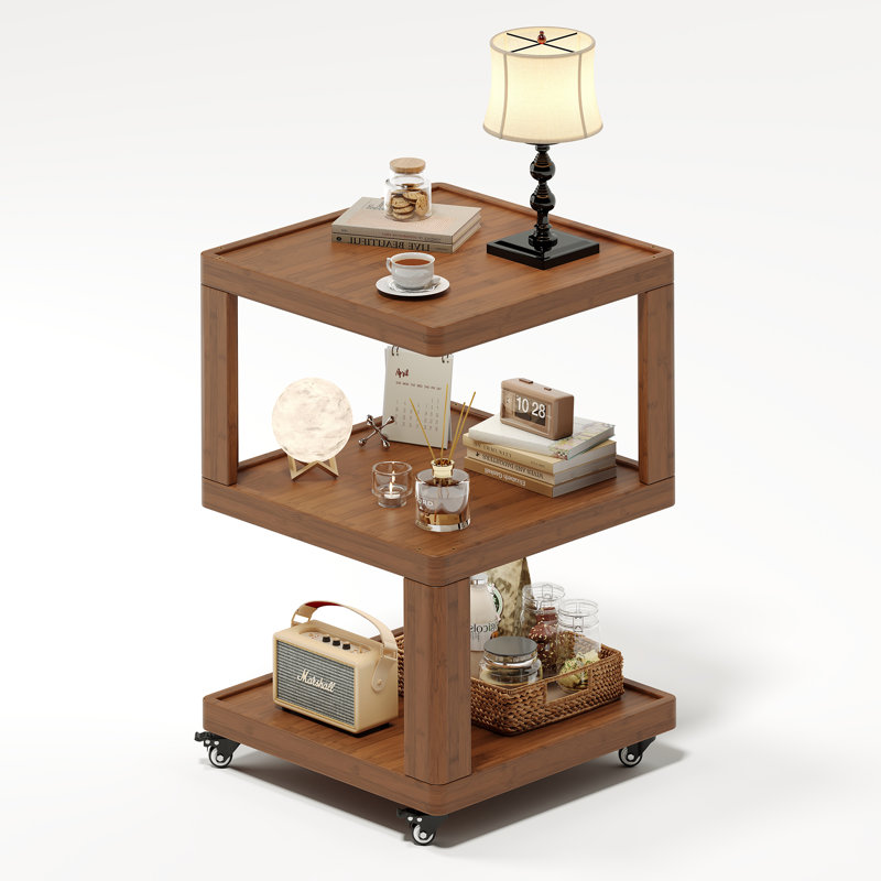 3-Tier Wooden End Table With Wheels, Walnut Finish, Brown Wood Top/Brown Base