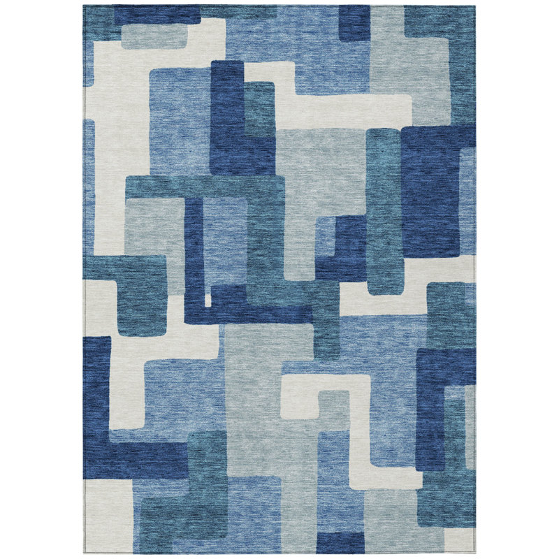Tapis intérieur lavable abstrait bleu marine et bleu ciel HomeRoots 10 pi x 14 pi