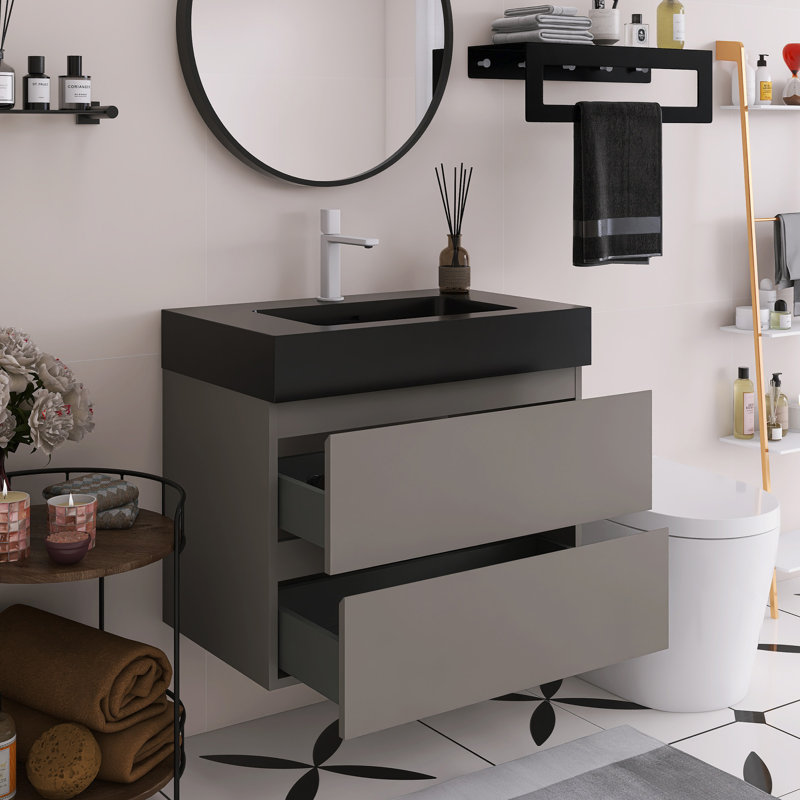 Meuble-lavabo flottant mural 30 po avec lavabo, Noir, Gris