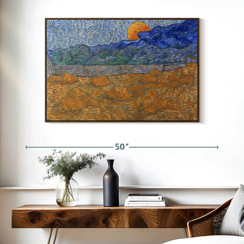 Gerbes de blé et lune montante, 40 po x 27 po, Cadre flottant noyer