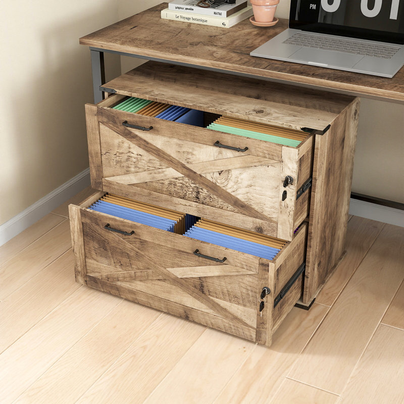 Barn Door Wooden 2 Drawers Flynt With Lock 25.79"H, Washed Gray