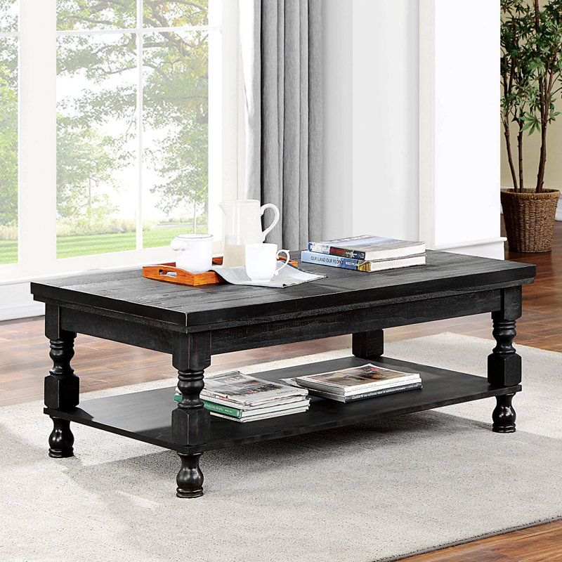 Table basse de style rustique noir antique avec tablette inférieure ouverte
