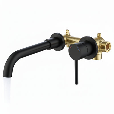Robinet de salle de bain mural, robinet de lavabo vasque à poignée simple en laiton avec valve brute incluse, bec pivotant à 360 ° en noir mat