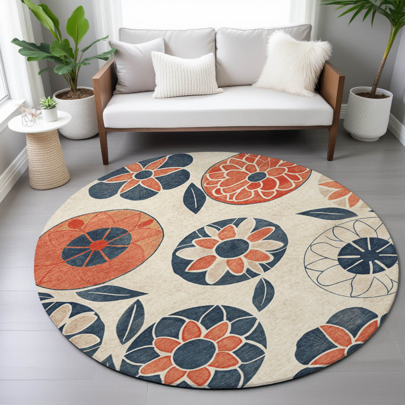 Tapis floral intérieur / extérieur lavable à la machine Kimberlin ACN2179, Rond 8 pi