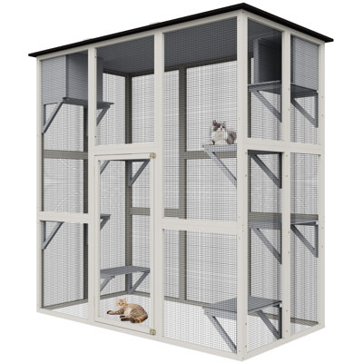 70.9" Outdoor Cat Enclosure Of Gray Wood, Weather - Asphalt Roof, Large House With 6 Platforms And 2 Napping Boxes, Lockable Doors For Secure Use Wood