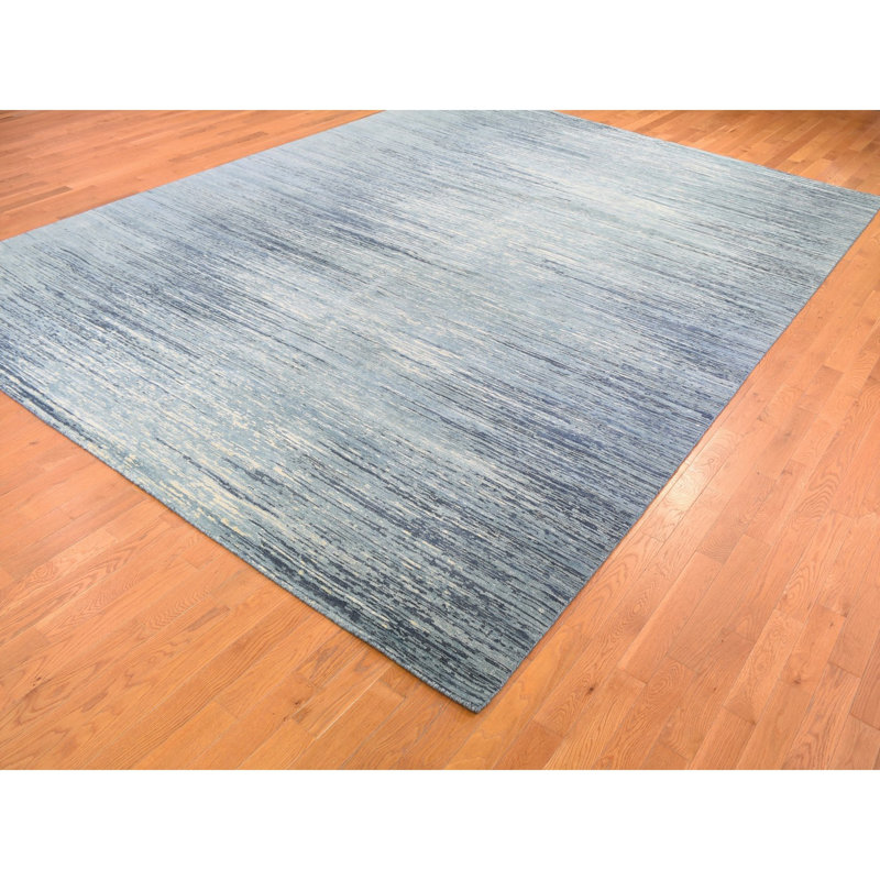 Tapis décoratif bleu en laine de conception unique 10 pi 1 po x 14 pi 1 po chante noué à la main