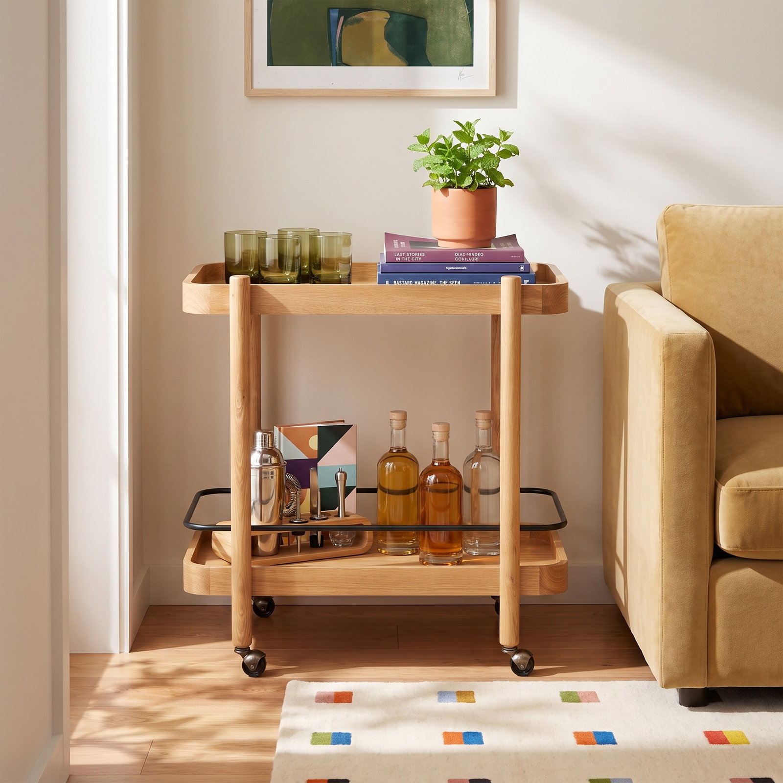 2-Shelf Wood Bar Cart, Natural