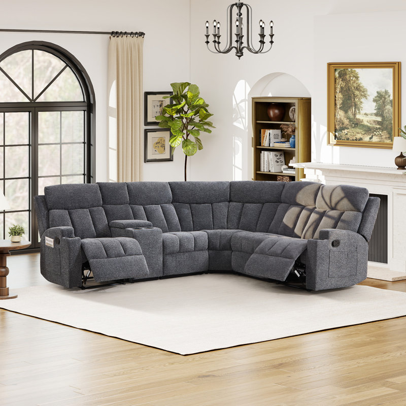 7-Piece Manual Reclining L-Shaped Sectional Sofa With Center Storage Console & Cup Holders, Dark Gray Microfiber
