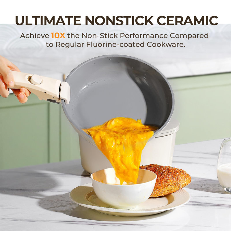 Cream Aluminum Non-Stick 12-Piece Cookware Set with Detachable Handle