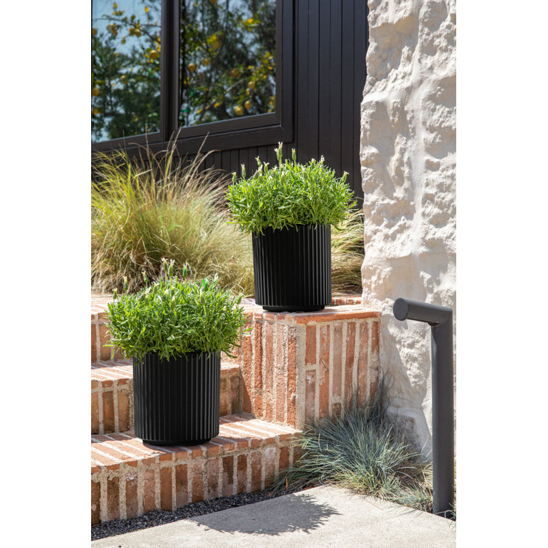 Black Fluted Plastic-Stone Round Planter Set