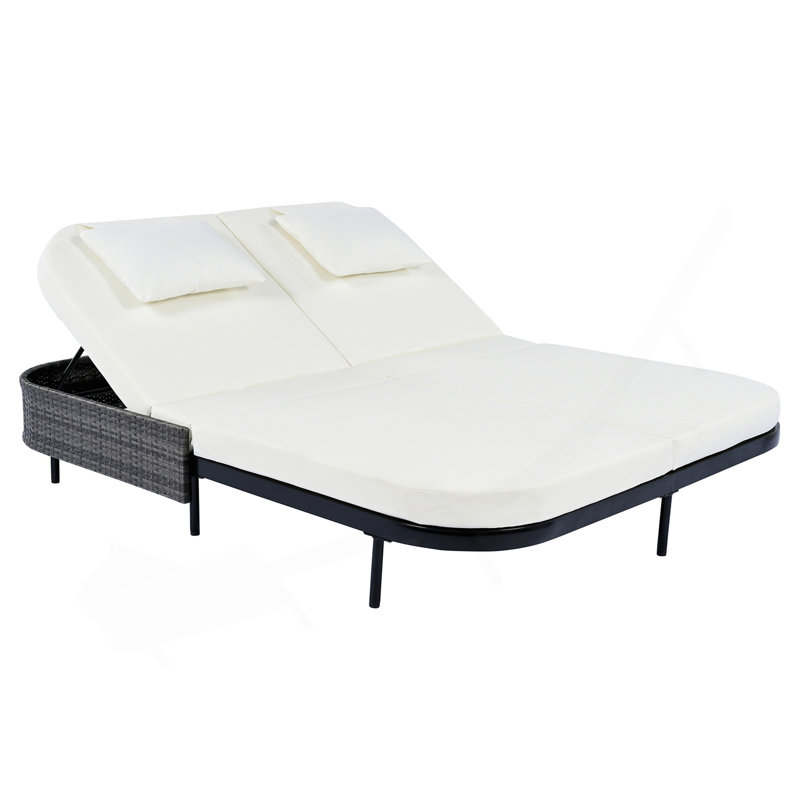 Outdoor Daybed, Patio Rattan Daybed With 5-Position Adjustable Backrest And Removable Cushions&Pillows, Iron Frame Outdoor Bed Loveseat For Garden, Backyard, Poolside (Black Frame+Beige Cushion)