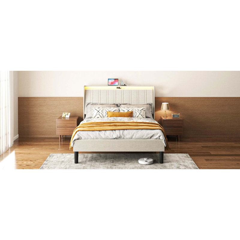 Structure de lit plateforme avec tête de lit tapissier en tissu et support en lattes de bois, Lit simple