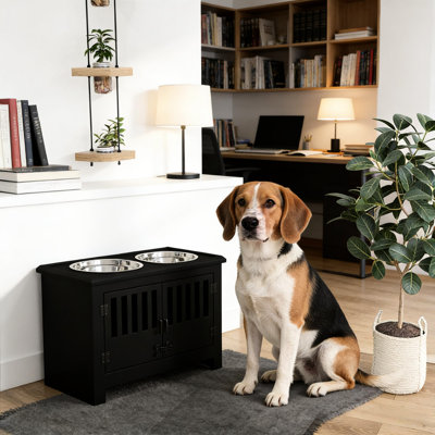 Mangeoire pour chien surélevée avec bols et rangement pour grands chiens - style moderne, acier inoxydable noir, hauteur de 23,5 po à 29,5 po au niveau de l'épaule, 2 bols amovibles de 67,6 oz, conception de station de nourriture de 37 L, armoire