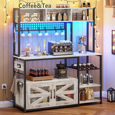 47.2 Inch Bakers Rack With Power Outlet, Microwave Stand With Storage, Farmhouse Coffee Bar Cabinet Station With Wine Rack