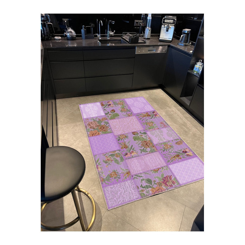 Tapis lilas Karabagh et aspect patchwork lavable à la machine, Sous-tapis rectangulaire 2 pi 6 po x 4 pi 11 po